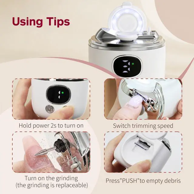 Alt view image 7 of 7 - Electric Nail Clippers for Seniors, Automatic Nail Clipper & Trimmer for Thick Toenails, LED Light & Magnifier, 3 Speeds, Dual Blades, Replaceable File Heads, USB-C Rechargeable, Clipping Catcher