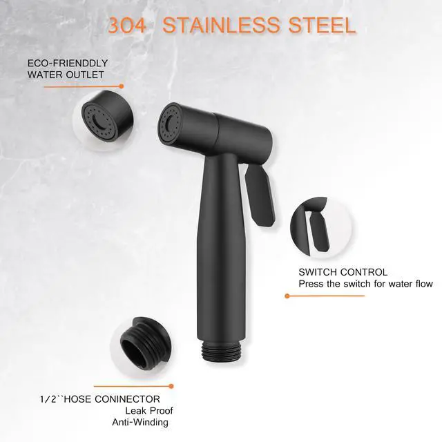Alt view image 2 of 6 - Matte Black Bidet Sprayer Head Only, Stainless Steel Handheld Toilet Sprayer Replacement with G1/2 Connector, Adjustable Pressure for Cloth Diaper, Pet Shower, Bathroom Cleaning