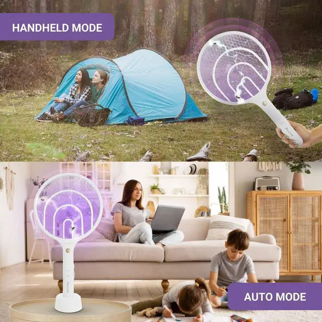 Alt view image 6 of 6 - Electric Fly Swatter 2 Pack, Rechargeable 3000V Bug Zapper Racket, Mosquito Killer, 2-in-1 Handheld and Stand, Indoor and Outdoor Insect Control with USB Charging - White