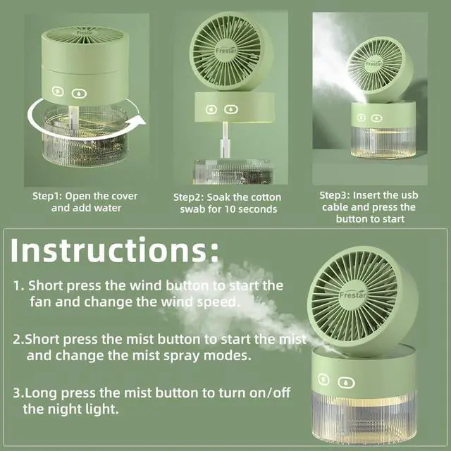 Alt view image 3 of 5 - frestar Personal Cooling Fan and Small Air Humidifier 350ml with LED Night Light, Desktop USB Charging 3 in 1 for Office and Small Room, No Battery, Green