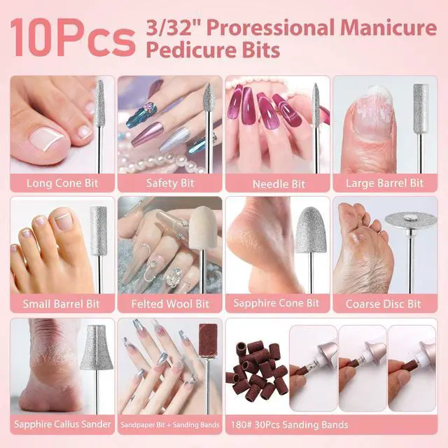 Alt view image 7 of 7 - Electric Nail Drill Kit, Professional Manicure Pedicure Rechargeable & Cordless Nail File Buffer for Acrylic Nails Gel Polishing Removing Manicure Salon Home