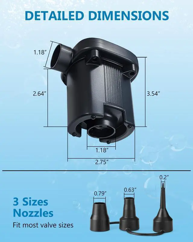 Alt view image 7 of 7 - Air Pump for inflatables 110-120V Air Mattress Pump Fast Electric Inflator Deflator Pump with 3 Nozzles for Pool Floats Raft Air Bed