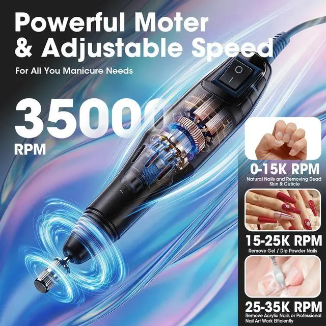 Alt view image 3 of 7 - Professional Nail Drill 35000RPM Drill Nail Electric Nail File Dril Nails with 100pcs Sanding Bands and Nail Drill Bits for Acrylic, Gel Nail Manicure & Pedicure