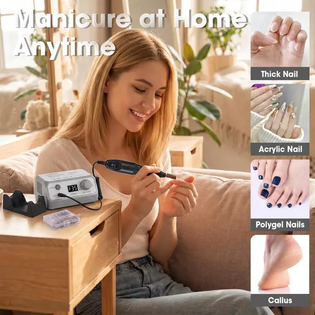 Alt view image 5 of 7 - Professional Nail Drill 35000RPM Drill Nail Electric Nail File Dril Nails with 100pcs Sanding Bands and Nail Drill Bits for Acrylic, Gel Nail Manicure & Pedicure