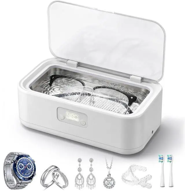 Main image of Ultrasonic Jewelry Cleaner, 49KHz Ultrasonic Cleaner Machine for Jewelry,Glasses,Rings,Watch Strap,Dentures,Retainers,Coins with 5 Modes,27oz 304 Stainless Steel Tank (White)