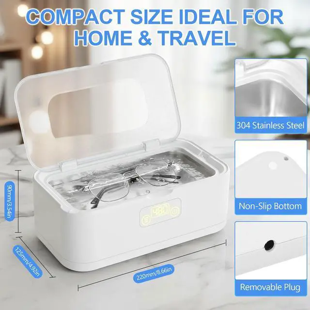 Alt view image 2 of 7 - Ultrasonic Jewelry Cleaner, 49KHz Ultrasonic Cleaner Machine for Jewelry,Glasses,Rings,Watch Strap,Dentures,Retainers,Coins with 5 Modes,27oz 304 Stainless Steel Tank (White)