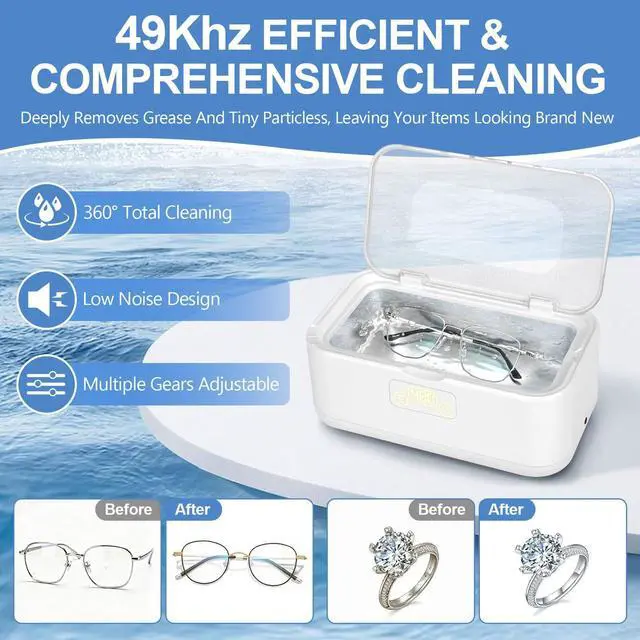 Alt view image 3 of 7 - Ultrasonic Jewelry Cleaner, 49KHz Ultrasonic Cleaner Machine for Jewelry,Glasses,Rings,Watch Strap,Dentures,Retainers,Coins with 5 Modes,27oz 304 Stainless Steel Tank (White)