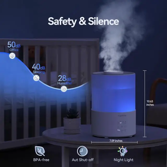Alt view image 7 of 7 - Humidifiers for Bedroom, 3.0L Cool Mist Humidifiers for Large Room & Home, Top Fill Air Humidifier for Baby Nursery & Plants, Essential Oil Diffuser with Color Lights, Timer, Auto Shut-Off