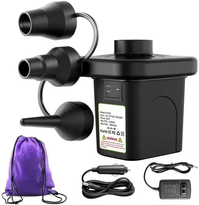 Main image of Electric Air Pump, 110V AC/12V DC Portable Air Mattress Two-Way Universal Inflator Pump for Inflatables Pool, Airbeds, etc with 3 Nozzles and Storage Bag