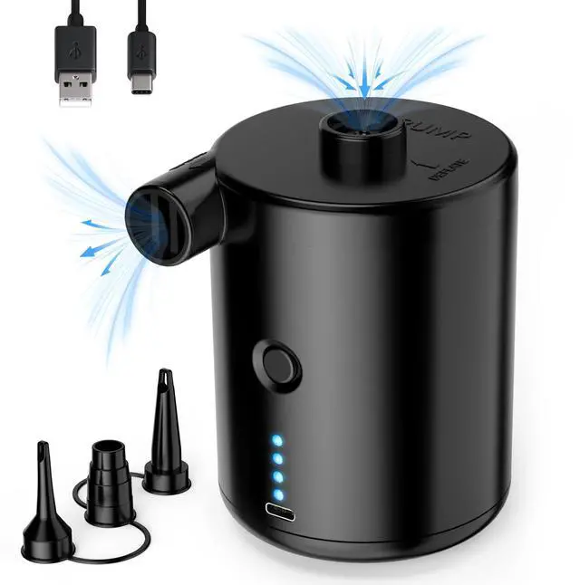 Main image of Air Pump for Inflatables, Rechargeable Air Pump, Black Portable Air Mattress Pump, Efficient Inflation for Inflatables, Sleeping Pads, Perfect for Travel, Camping, Includes 4 Nozzles