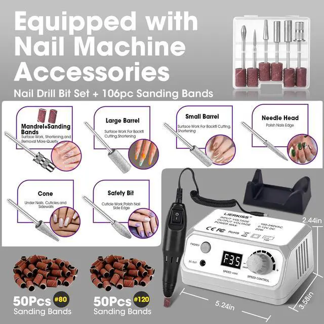 Alt view image 4 of 7 - Professional Nail Drill 35000RPM Drill Nail Electric Nail File Dril Nails with 100pcs Sanding Bands and Nail Drill Bits for Acrylic, Gel Nail Manicure & Pedicure