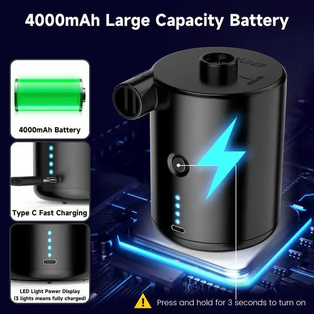 Alt view image 3 of 7 - Air Pump for Inflatables, Rechargeable Air Pump, Black Portable Air Mattress Pump, Efficient Inflation for Inflatables, Sleeping Pads, Perfect for Travel, Camping, Includes 4 Nozzles