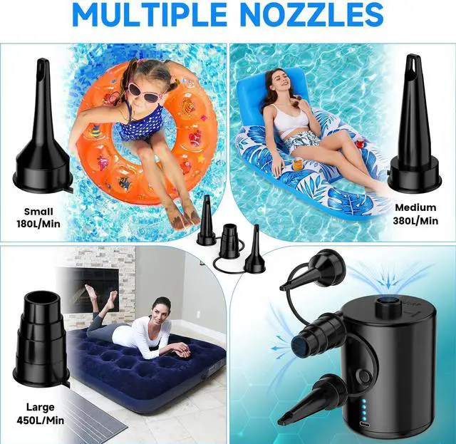 Alt view image 4 of 7 - Air Pump for Inflatables, Rechargeable Air Pump, Black Portable Air Mattress Pump, Efficient Inflation for Inflatables, Sleeping Pads, Perfect for Travel, Camping, Includes 4 Nozzles