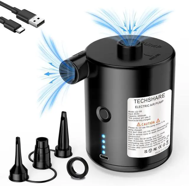 Alt view image 2 of 7 - Air Pump for Inflatables, Rechargeable Air Pump, Black Portable Air Mattress Pump, Efficient Inflation for Inflatables, Sleeping Pads, Perfect for Travel, Camping, Includes 4 Nozzles