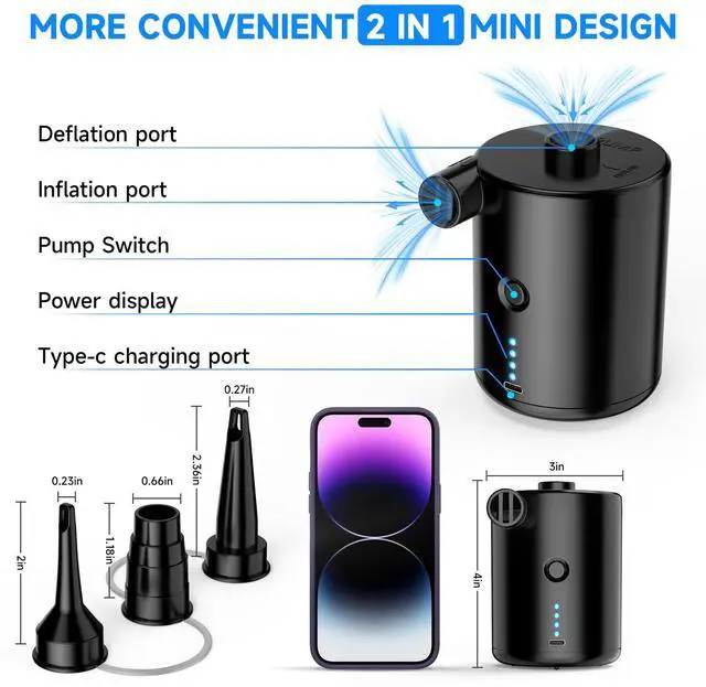 Alt view image 6 of 7 - Air Pump for Inflatables, Rechargeable Air Pump, Black Portable Air Mattress Pump, Efficient Inflation for Inflatables, Sleeping Pads, Perfect for Travel, Camping, Includes 4 Nozzles