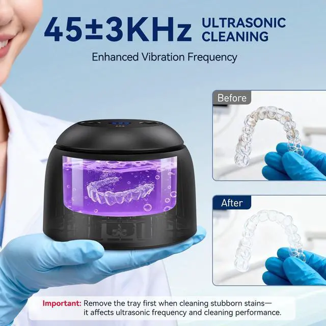 Alt view image 2 of 5 - Ultrasonic Retainer Cleaner Machine - 45±3kHz Frequency,with Digital Timer, Auto Lift Tray,UVC+UVA Lamp,IPX6 & SUS304 Tank,Dental Clean Pod for Denture,Aligner,Jewelry,Toothbrush