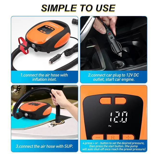 Alt view image 7 of 7 - Paddle Board Pump Electric Portable, KOSMEGAL SUP Pump for Paddleboard, Professional 20PSI Air Compressor with Auto-Off, Deflation Function and 12V DC Car Connector for Inflatables, Kayaks and Boats