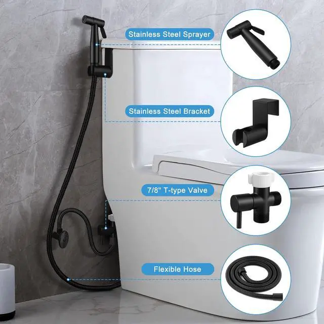 Alt view image 6 of 7 - Handheld Toilet Bidet Sprayer, Water Pressure Adjustable Sprayer with Hose and 7/8 "T-Valve, Jet Spray and Soft Spray, for Toilet, Bidet, Shower etc., Stainless Steel, Black