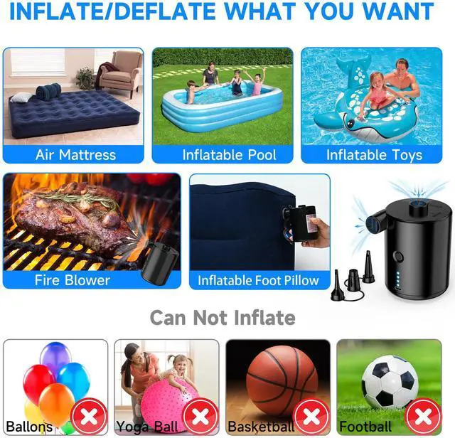 Alt view image 7 of 7 - Air Pump for Inflatables, Rechargeable Air Pump, Black Portable Air Mattress Pump, Efficient Inflation for Inflatables, Sleeping Pads, Perfect for Travel, Camping, Includes 4 Nozzles