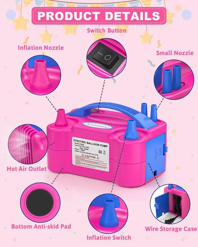 Alt view image 2 of 7 - Electric Balloon Pump, Balloon Inflator Machine for Balloons at Home,Quick Inflation Dual Nozzle Balloon Blower Portable Air Balloon Pump Balloons Inflator for Kids Party Decoration (Rose Red)