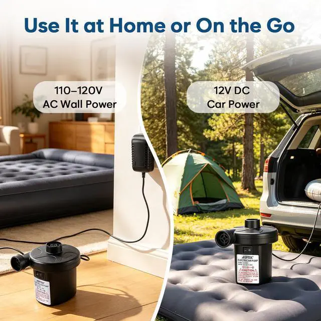 Alt view image 5 of 7 - Electric Air Pump,Portable Air Pump with 3 Nozzles, 4.5kPa Quick-Fill,110V AC/12V DC Inflator/Deflator Pumps for Outdoor Camping, Inflatable Air Mattress Beds, Boats, Swimming Ring