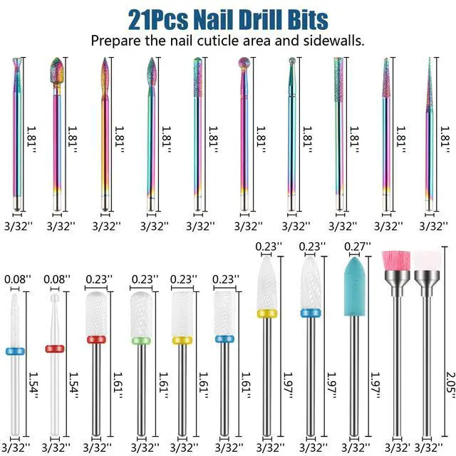 Alt view image 5 of 6 - 21pcs Nail Drill Bits Sets, 3/32 Inch Cuticle Electric Nail File and Ceramic Acrylic Gel Nail Bit Kit, Acrylic Nail Art Tools, Carbide Remover Bits for Manicure Pedicure, Home Salon