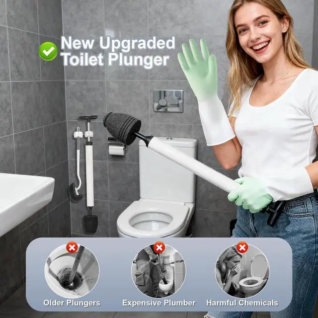 Alt view image 2 of 7 - Toilet Plunger & Bathroom Plunger, Toilet Brush and Plunger Set - Powerful Air air Plunger & Toilet Auger, High Pressure Toilet Clog Tool for Sinks, Floor Drains & Clogged Pipes