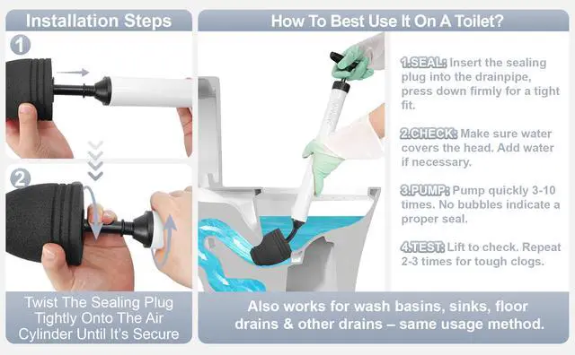 Alt view image 6 of 7 - Toilet Plunger & Bathroom Plunger, Toilet Brush and Plunger Set - Powerful Air air Plunger & Toilet Auger, High Pressure Toilet Clog Tool for Sinks, Floor Drains & Clogged Pipes