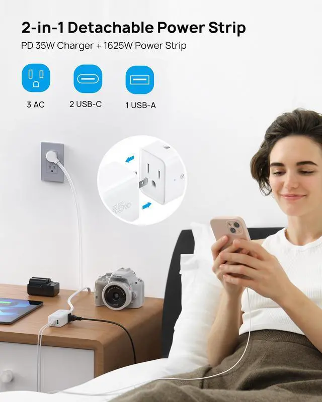 Alt view image 2 of 7 - Travel Power Strip with Detachable USB C Ports Fast Charge GaN III PD35W, 5ft Flat Plug Extension Cord with Multiple Outlets, for Home Hotel Dorm Room Cruise Ship Essentials, White