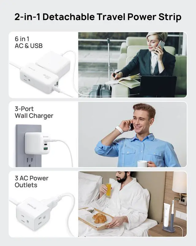 Alt view image 4 of 7 - Travel Power Strip with Detachable USB C Ports Fast Charge GaN III PD35W, 5ft Flat Plug Extension Cord with Multiple Outlets, for Home Hotel Dorm Room Cruise Ship Essentials, White