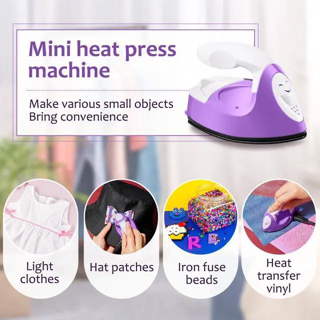 Alt view image 5 of 7 - Mini Craft Iron Mini Heat Press Small Iron 3.93 x 2.36 x 2.76 in Portable Handy Tiny Flatiron with Charging Base Accessory for Fuse Bead Patch DIY Heat Transfer Vinyl(Purple)