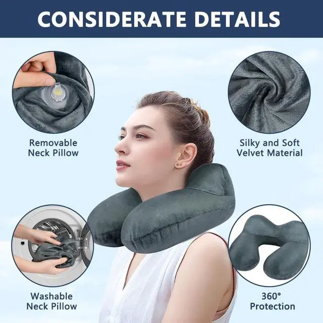 Alt view image 3 of 7 - Inflatable Travel Pillow, Inflatable Travel Pillow for Airplane, Soft Velvet Neck Support, Lightweight Ergonomic Sleeping Neck Pillow for Airplane, Car, Train, Office, Camping (Grey)