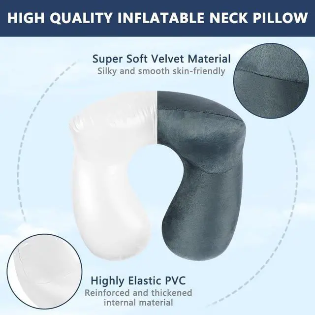 Alt view image 4 of 7 - Inflatable Travel Pillow, Inflatable Travel Pillow for Airplane, Soft Velvet Neck Support, Lightweight Ergonomic Sleeping Neck Pillow for Airplane, Car, Train, Office, Camping (Grey)
