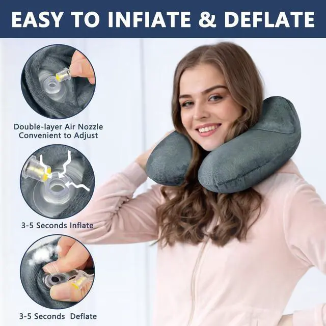 Alt view image 5 of 7 - Inflatable Travel Pillow, Inflatable Travel Pillow for Airplane, Soft Velvet Neck Support, Lightweight Ergonomic Sleeping Neck Pillow for Airplane, Car, Train, Office, Camping (Grey)