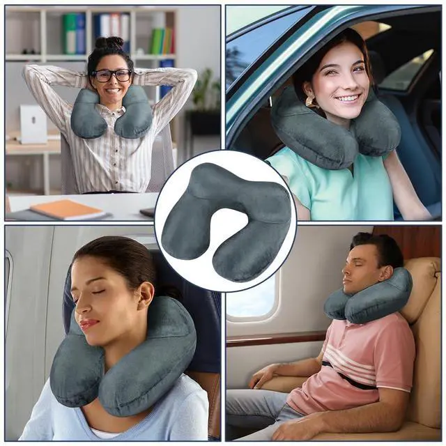 Alt view image 7 of 7 - Inflatable Travel Pillow, Inflatable Travel Pillow for Airplane, Soft Velvet Neck Support, Lightweight Ergonomic Sleeping Neck Pillow for Airplane, Car, Train, Office, Camping (Grey)