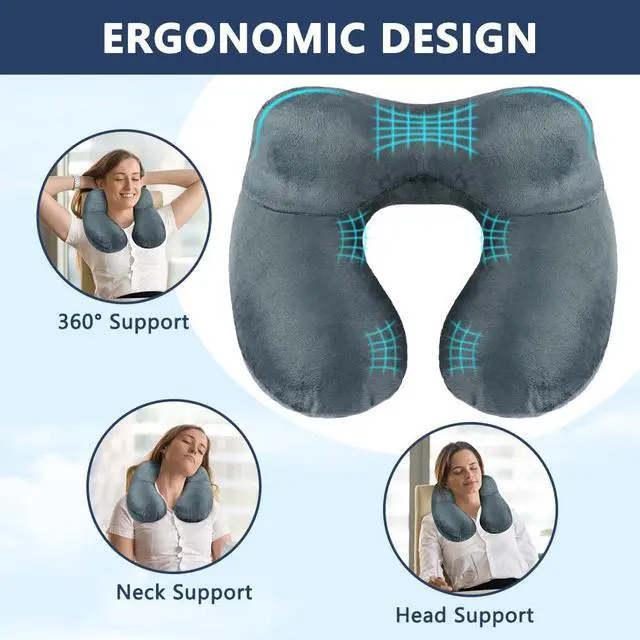 Alt view image 6 of 7 - Inflatable Travel Pillow, Inflatable Travel Pillow for Airplane, Soft Velvet Neck Support, Lightweight Ergonomic Sleeping Neck Pillow for Airplane, Car, Train, Office, Camping (Grey)
