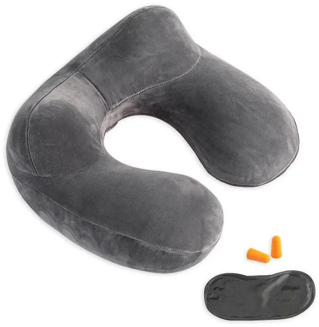 Main image of Inflatable Travel Pillow, Neck Pillow Support for Traveling, Airplanes, Cars, and Offices with Compact Carrying Bag, Soft Velvet Washable Cover, Ideal for Adult Sleepers (Grey)