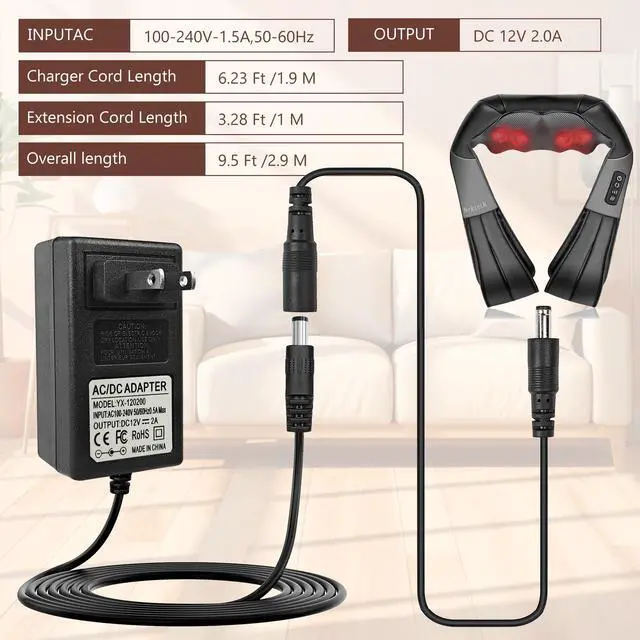 Alt view image 7 of 7 - 12V for Nekteck Neck Massager Charger for Zyllion Shiatsu Back and Neck Massager, Compatible with Nekteck LMS-801/RESTECK/Vellax/Medcursor/Mirakel/InvoSpa Shiatsu/Papillon/Mo Cuishle/Viktor Jurgen,9ft