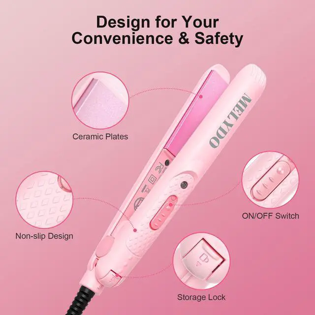 Alt view image 5 of 7 - Mini Flat Iron for Travel, 0.7 Inch Small Hair Straightener for Short Hair & Bangs, Fast Heat Up 2-in-1 Straightening & Curling Iron, Dual Voltage Portable Mini Straightener with Pouch (Pink)