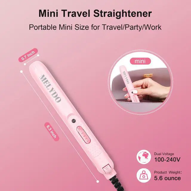 Alt view image 7 of 7 - Mini Flat Iron for Travel, 0.7 Inch Small Hair Straightener for Short Hair & Bangs, Fast Heat Up 2-in-1 Straightening & Curling Iron, Dual Voltage Portable Mini Straightener with Pouch (Pink)