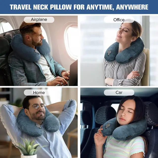 Alt view image 3 of 7 - Inflatable Travel Pillow for Sleeping Airplane - Inflatable Neck Pillow for Traveling on Plane with Washable Cover, Blow up Neck Travel Pillow for Airplanes, Cars - Portable and Comfortable