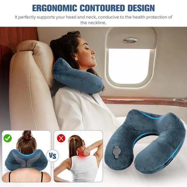 Alt view image 2 of 7 - Inflatable Travel Pillow for Sleeping Airplane - Inflatable Neck Pillow for Traveling on Plane with Washable Cover, Blow up Neck Travel Pillow for Airplanes, Cars - Portable and Comfortable