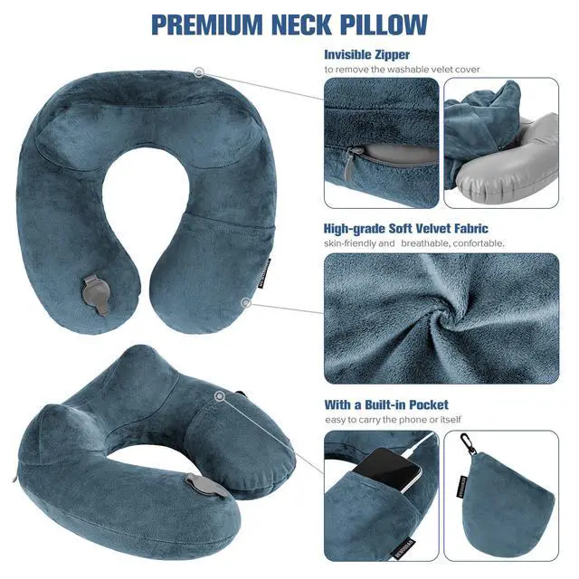 Alt view image 4 of 7 - Inflatable Travel Pillow for Sleeping Airplane - Inflatable Neck Pillow for Traveling on Plane with Washable Cover, Blow up Neck Travel Pillow for Airplanes, Cars - Portable and Comfortable