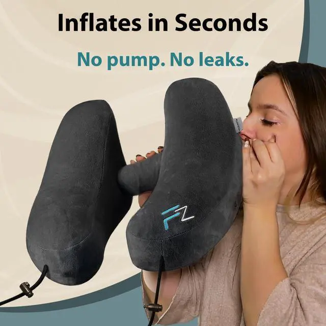 Alt view image 2 of 7 - Air Inflatable Neck Pillow for Traveling on Plane - H-Shape Hooded Airplane Pillow with 5 Snooze Modes, Fast Inflation, Pressure Control, Cozy Clip-On Hood & Plushy Cover - Size L, Jet Black