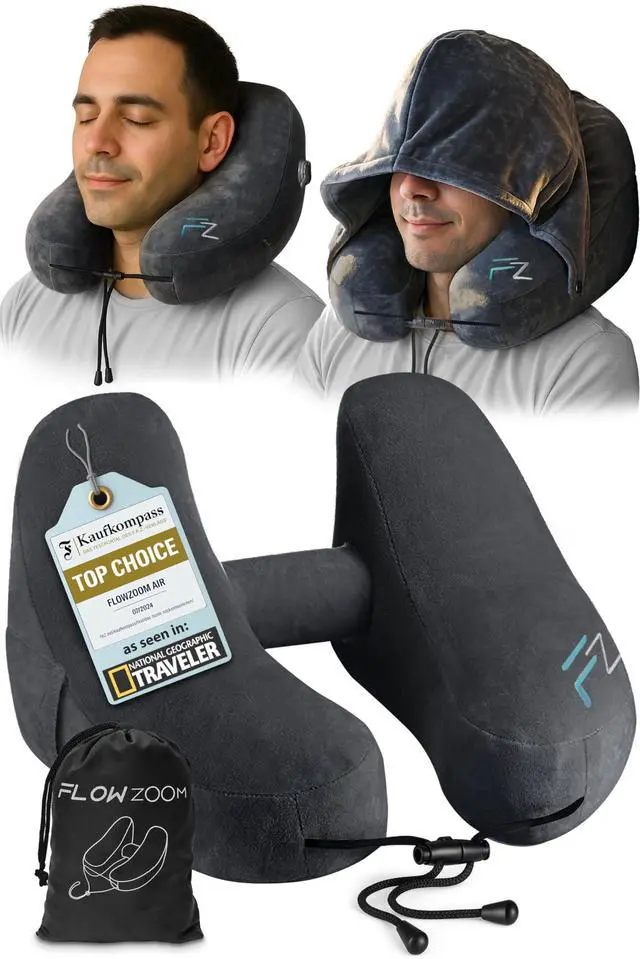 Main image of Air Inflatable Neck Pillow for Traveling on Plane - H-Shape Hooded Airplane Pillow with 5 Snooze Modes, Fast Inflation, Pressure Control, Cozy Clip-On Hood & Plushy Cover - Size L, Jet Black