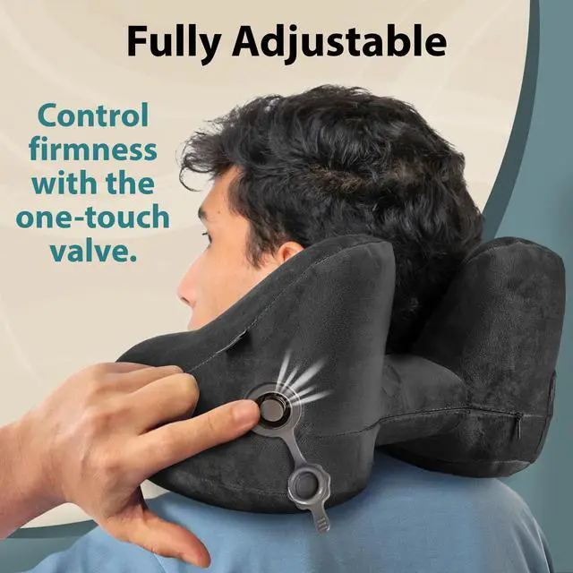 Alt view image 3 of 7 - Air Inflatable Neck Pillow for Traveling on Plane - H-Shape Hooded Airplane Pillow with 5 Snooze Modes, Fast Inflation, Pressure Control, Cozy Clip-On Hood & Plushy Cover - Size L, Jet Black