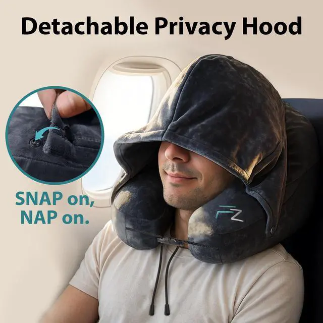 Alt view image 5 of 7 - Air Inflatable Neck Pillow for Traveling on Plane - H-Shape Hooded Airplane Pillow with 5 Snooze Modes, Fast Inflation, Pressure Control, Cozy Clip-On Hood & Plushy Cover - Size L, Jet Black