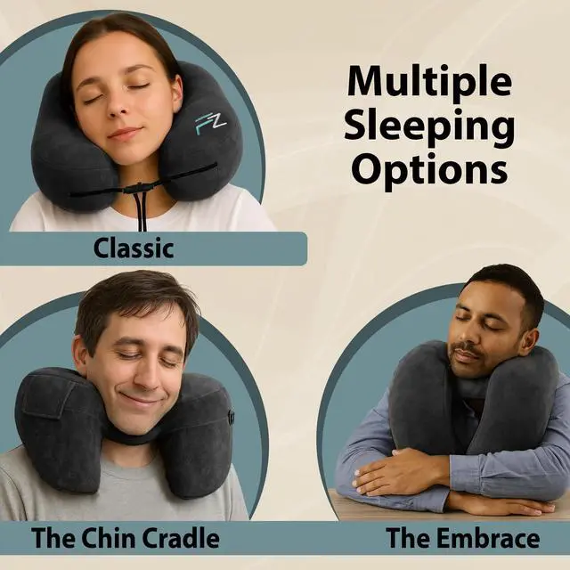 Alt view image 6 of 7 - Air Inflatable Neck Pillow for Traveling on Plane - H-Shape Hooded Airplane Pillow with 5 Snooze Modes, Fast Inflation, Pressure Control, Cozy Clip-On Hood & Plushy Cover - Size L, Jet Black