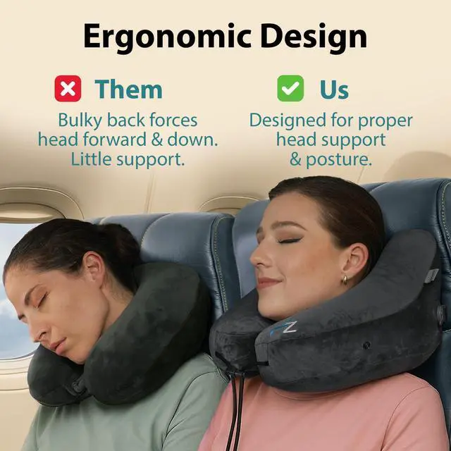 Alt view image 4 of 7 - Air Inflatable Neck Pillow for Traveling on Plane - H-Shape Hooded Airplane Pillow with 5 Snooze Modes, Fast Inflation, Pressure Control, Cozy Clip-On Hood & Plushy Cover - Size L, Jet Black