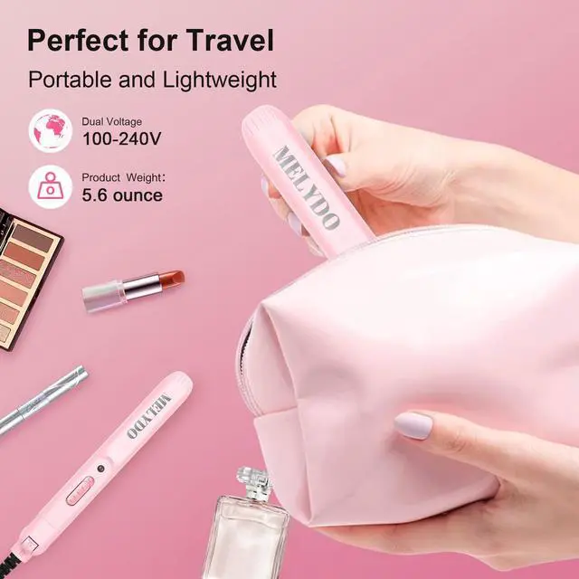 Alt view image 3 of 7 - Mini Flat Iron for Travel, 0.7 Inch Small Hair Straightener for Short Hair & Bangs, Fast Heat Up 2-in-1 Straightening & Curling Iron, Dual Voltage Portable Mini Straightener with Pouch (Pink)